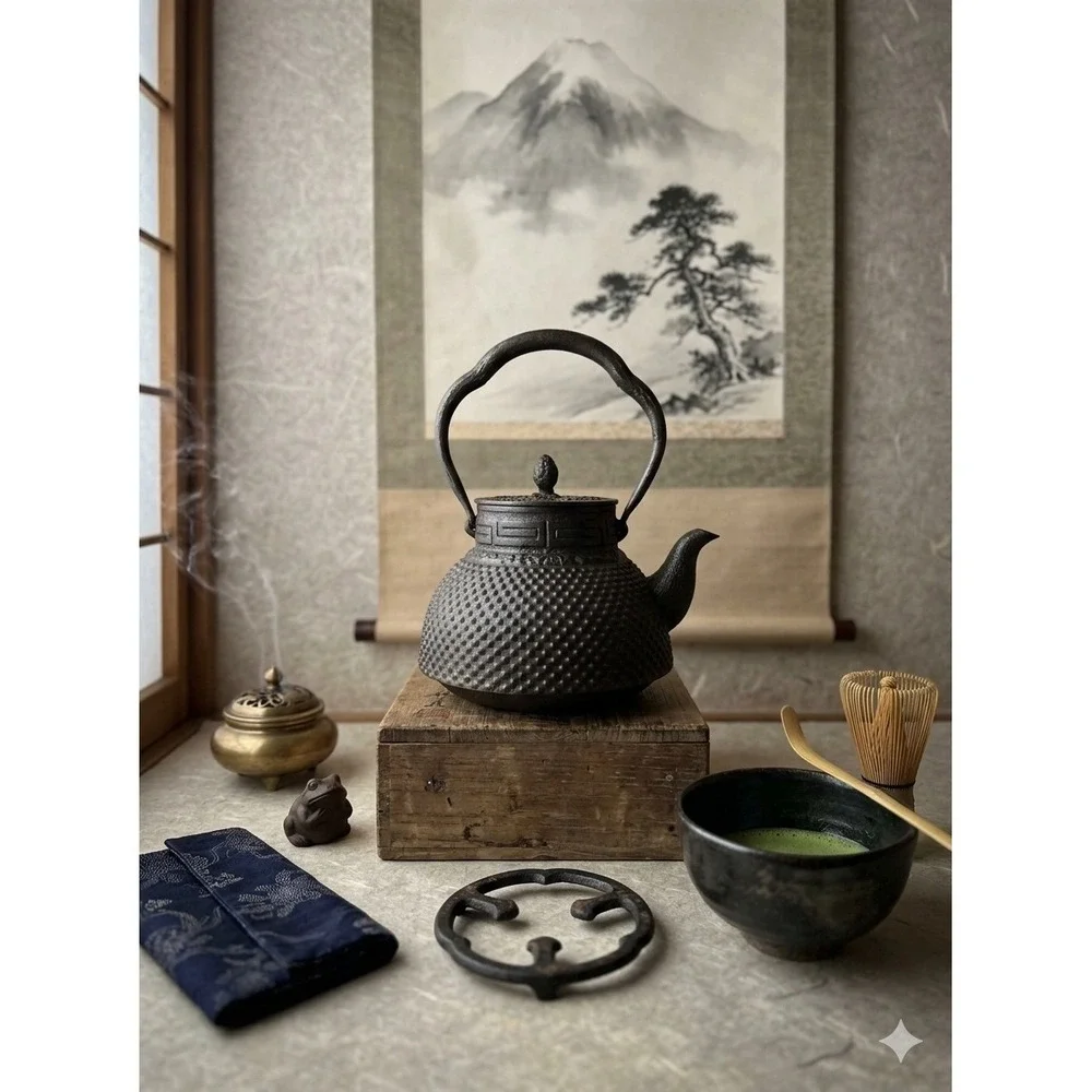 1935 Japanese Cast Iron Tetsubin‎ Teapot Hobnail Arare Pattern Pinecone Finial